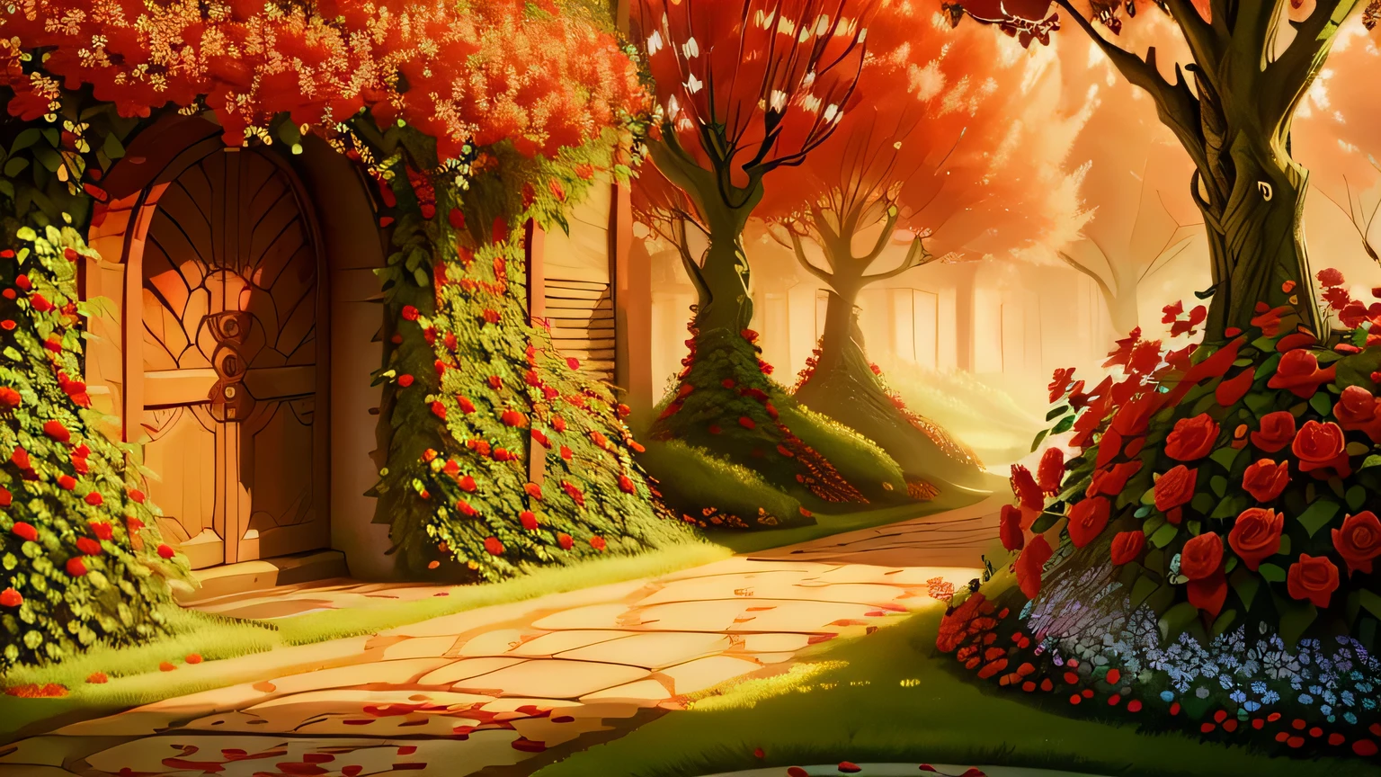 Beautiful flowers and trees々beautiful garden lined with. There is a rose bush in the foreground, With bright red flower buds. One of the flowers broke, crumpled and lying near a bush, Drops of blood drip from it