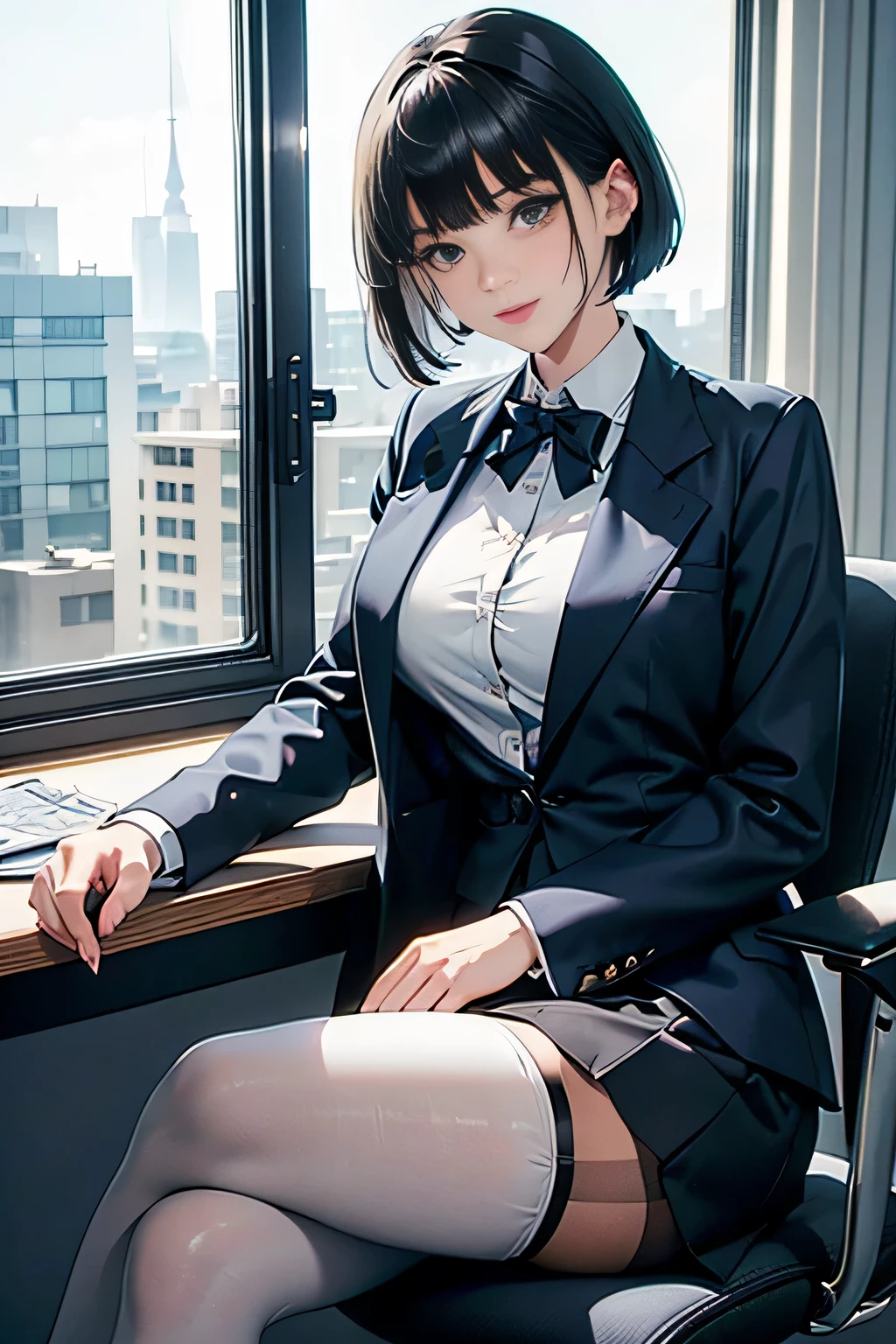 (Office girl suit,dark blue jacket,white blouse,dark blue skirt,black pantyhose over white panties),((1girl,cute,young,pixie cut beautiful silver hair,blunt bangs,twin tales,beautiful eyes)),(solo),((masterpiece, highest resolution,best quality)), (beautiful illustration),(Office girl suit,dark blue jacket,white blouse,dark blue skirt,black pantyhose over white panties),(looking at the viewer), innocent smile,cinematic lighting,Sitting in the office chair,day,window,desk,blue sky,