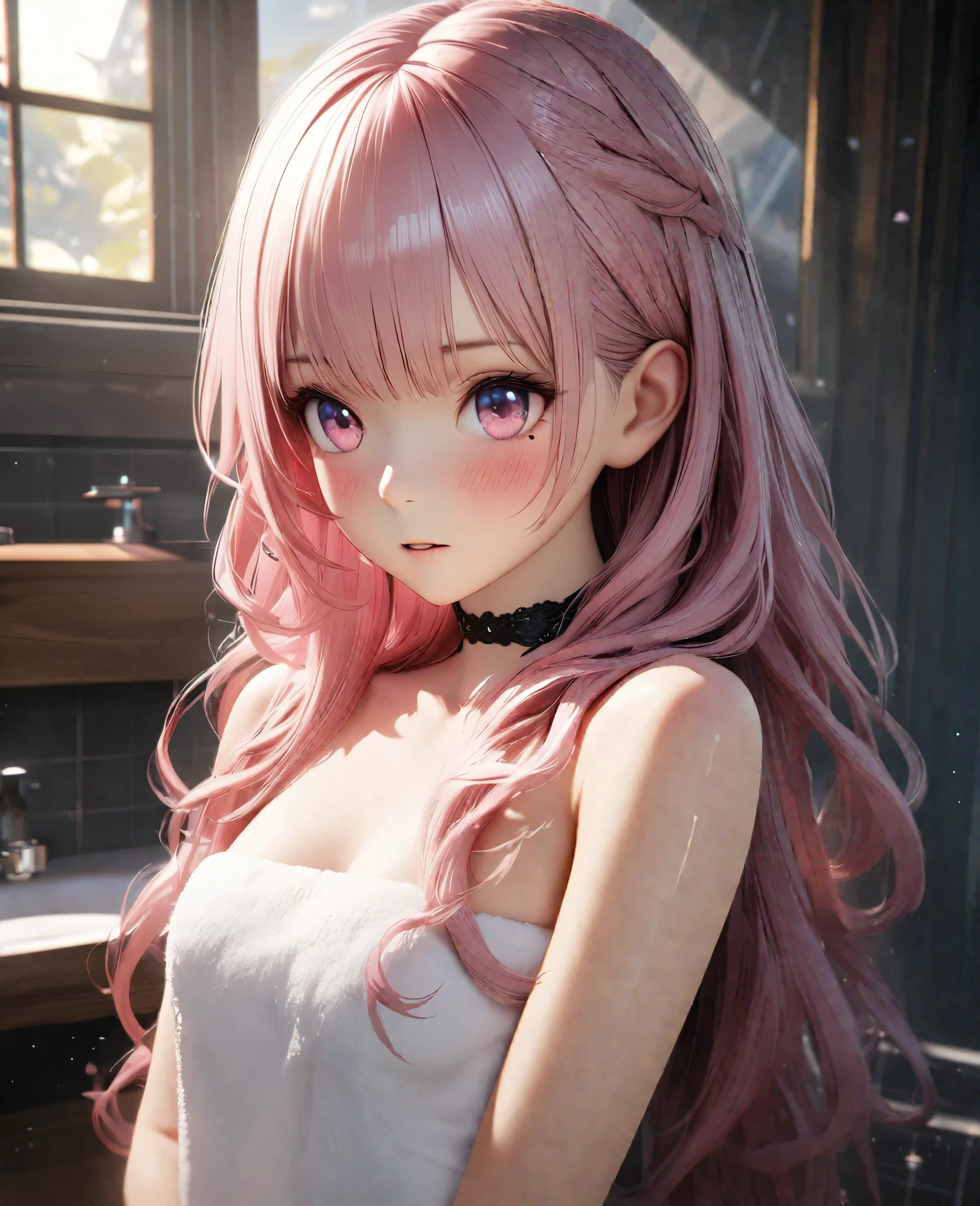 Masterpiece, Best Quality, Super Detailed, High Definition, Expensive Resolution, HDR, 4k, 8K, Unity 8k Wallpaper, Super Detailed CG, Masterpiece, Realistic, 2D, 3D, Beautiful Details, Depth, Fine Texture, Super Fine: 1.3, Full concentration, crispy skin, him, very cute anime girl, expensive pink long hair, one girl, after washing hair, bath towel, pink long hair, whole body, mole under the eye, line of sight, expensive, blush, parted lips , heart, pink eyes, choker