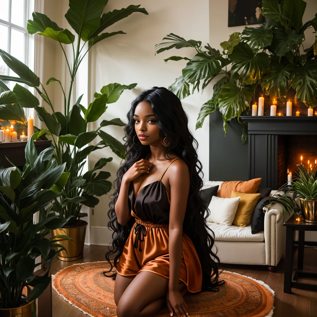 Long wavy luxurious black hair, black woman, medium brown skin tone, satin orange romper, candles, room full of plants, living room, decor, 