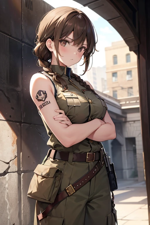 1 girl, brown hair, parted bangs, soldier uniform, military uniform, sleeveless, braided bangs, brown belt, tattoos on arms, scar on cheek, medium large breasts, dark brown eyes, sunglasses, arms crossed