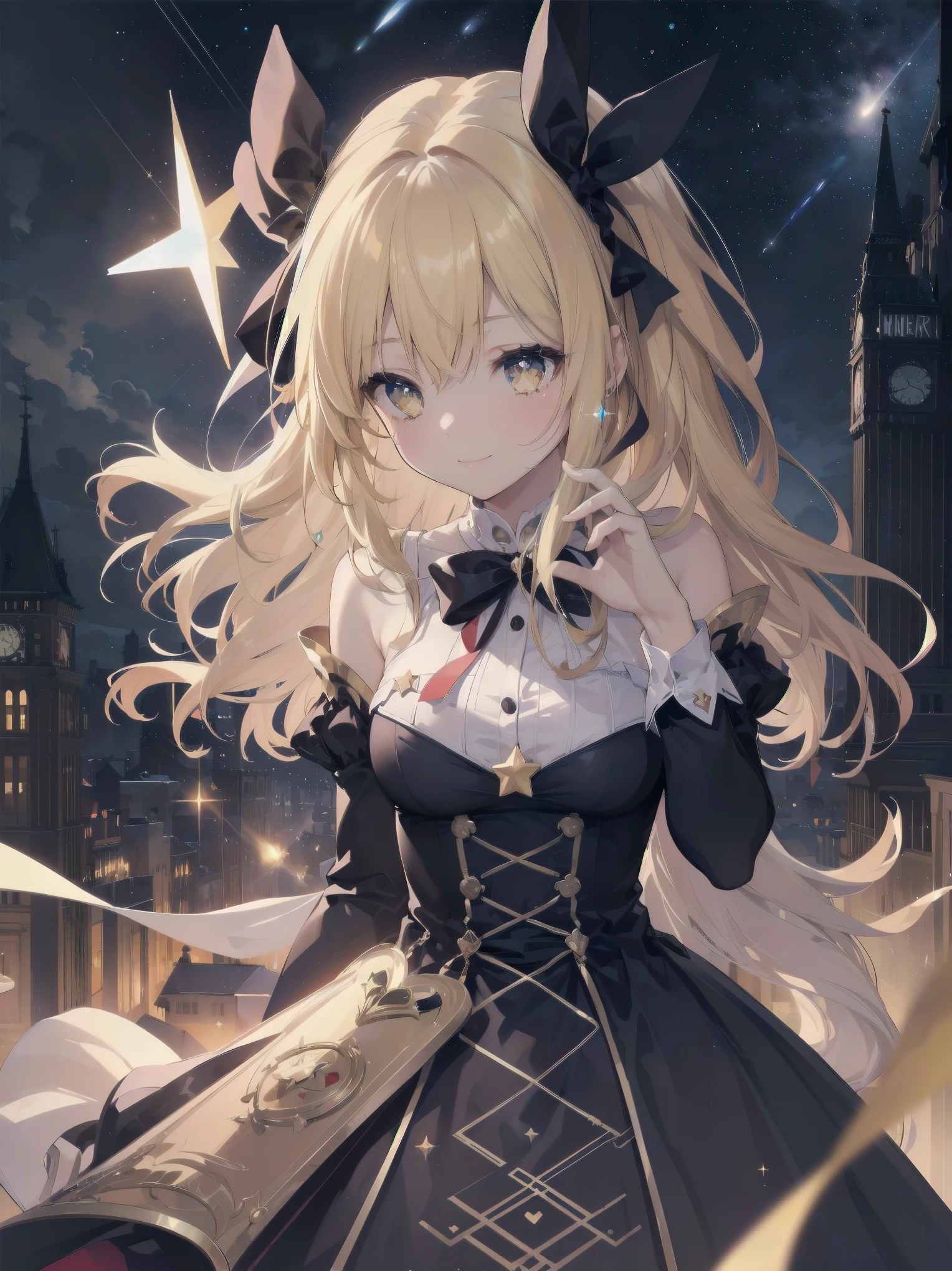 absurdres extremely detailed CG,high resolution,(best quality:1.3),(best masterpiece:1.3),super fine illustration,vibrant colors,official art,8k wallpaper,(looking away:1.3),dynamic depiction,dynamic angle,dynamic pose,depth of field,cinematic lighting,BREAK,(one beautiful girl:1.3),solo,blonde hair,very long hair,shiny hair,Silky hair,yellow eyes,deep detailed eyes,cute eyes,sparkling eyes,(seductive smile:1.3),natural make,BRAKE,((wonderland)),Gothic decoration,((sticker style)),(heart item,star item,ribbon:1.5),(symbolic:1.2), conspicuous,(star glitter and hart glitter:1.5),(kawaii town at night:1.5),(big clock tower:1.2),(Meteor shower,star and hart effect:1.3),