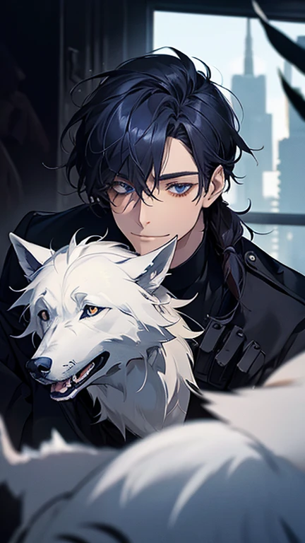 (highest quality, High resolution, masterpiece:1.2),Super detailed,realistic,portrait,A chaotic scene,Dark and mysterious atmosphere,male,Deep blue hair,Tie in a low ponytail,Black and navy blue pilot suit,expensive,Caring for the wolves,He has a navy coat on his shoulders,there&#39;s no one behind me,dark blue eyes,smiled a little,With the wolf