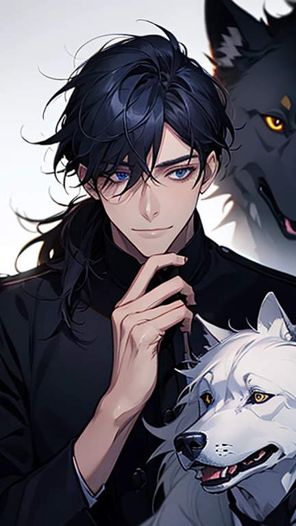 (highest quality, High resolution, masterpiece:1.2),Super detailed,realistic,portrait,A chaotic scene,Dark and mysterious atmosphere,male,Deep blue hair,Tie in a low ponytail,Black and navy blue pilot suit,expensive,Caring for the wolves,He has a navy coat on his shoulders,there&#39;s no one behind me,dark blue eyes,smiled a little,With the wolf