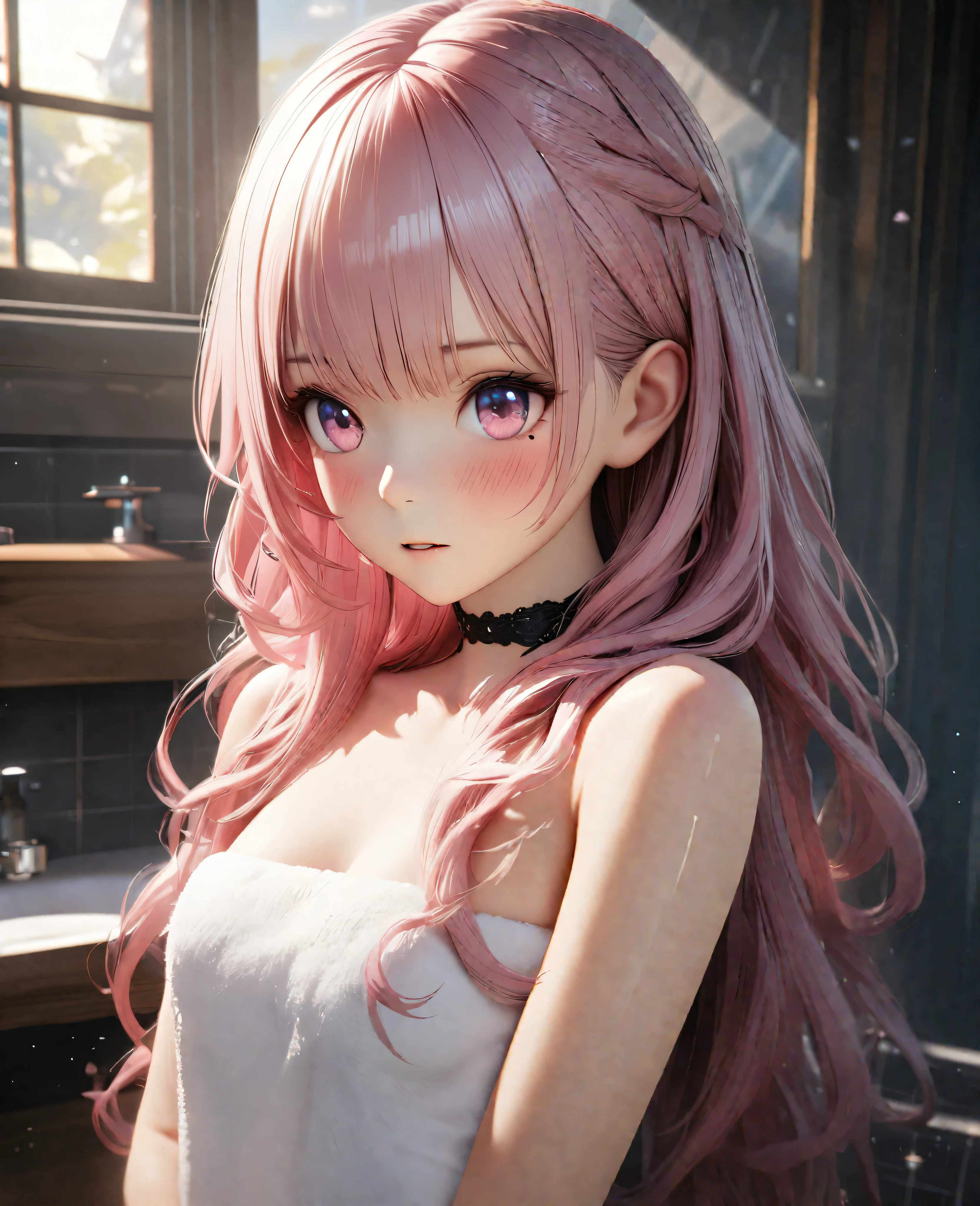 Masterpiece, Best Quality, Super Detailed, High Definition, Expensive Resolution, HDR, 4k, 8K, Unity 8k Wallpaper, Super Detailed CG, Masterpiece, Realistic, 2D, 3D, Beautiful Details, Depth, Fine Texture, Super Fine: 1.3, Full concentration, crispy skin, him, very cute anime girl, expensive pink long hair, one girl, after washing hair, bath towel, pink long hair, whole body, mole under the eye, line of sight, expensive, blush, parted lips , heart, pink eyes, choker