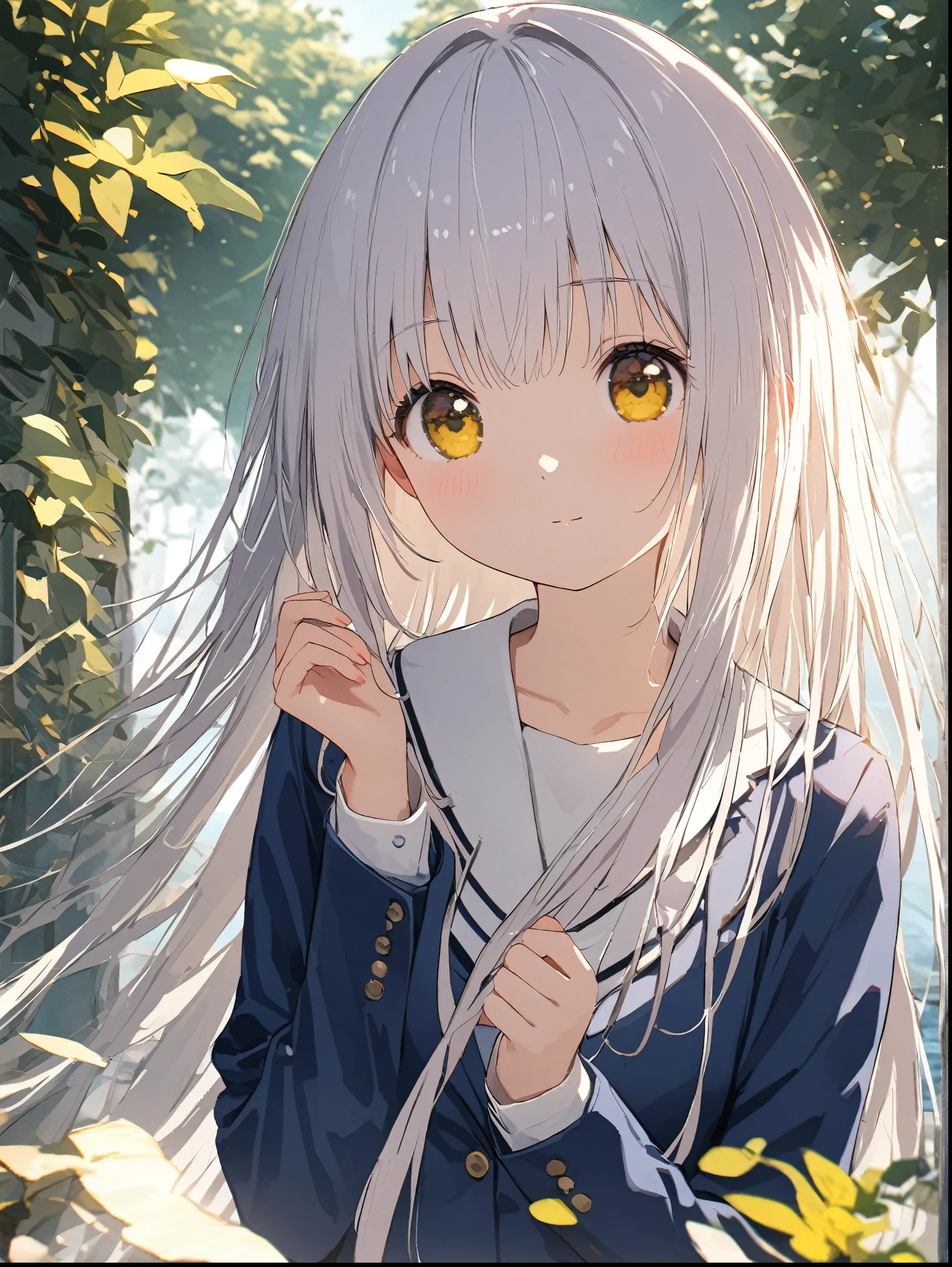 8K resolution、((highest quality))、((masterpiece))、((super detailed))、(very delicate and beautiful)、 Angel Beats!、Ritsuka Kanade、white long hair、straight hair、yellow eyes、clear eyes、blazer、Angel、Angelの羽、cute、Beautiful atmosphere、Beautiful atmosphere、whole body