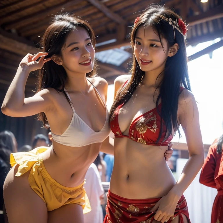 In the Myanmar traditional Thingyan festival, the girls are wet and dancing. The girls are attractive. The girls are dancing happily.Nude