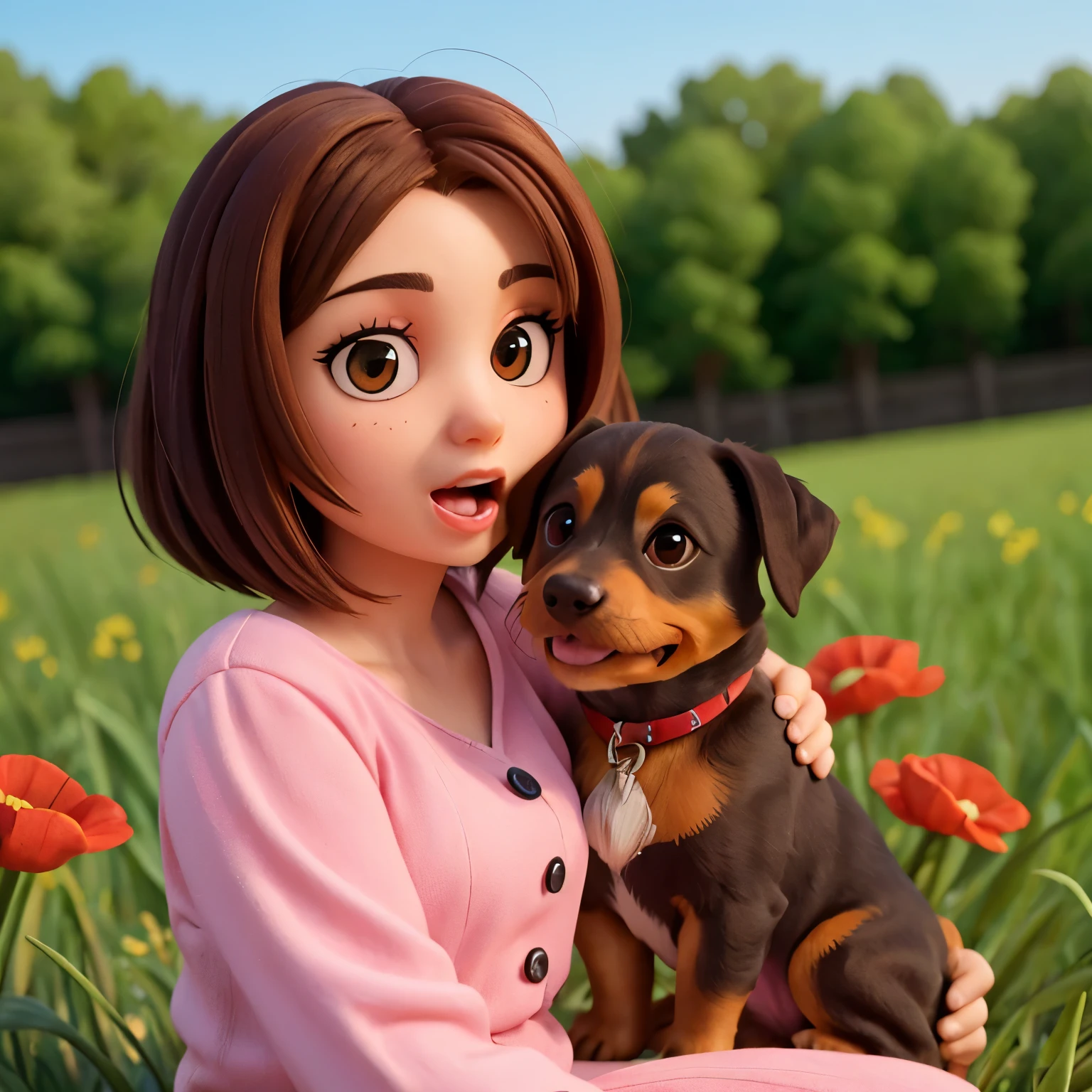 Sitting in the grass, Dachshund puppy, cute puppy、Disney Pixar style, pet animals, charming, mouth open、portrait of a dachshund, close up portrait shot, fantasy, Poppy, Jazzy, Misty, looking at the camera, pose for the camera,  Bright colors