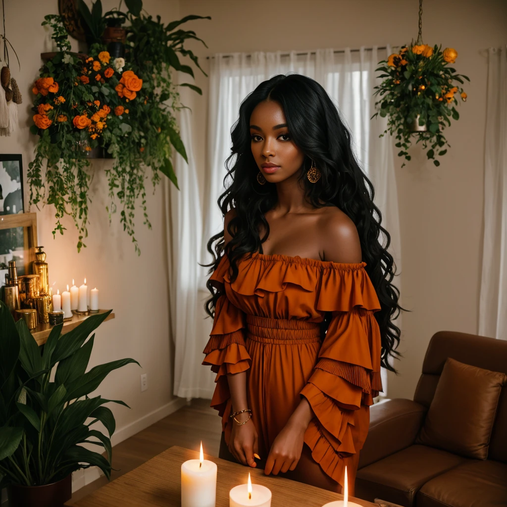 Long wavy luxurious black hair, black woman, medium brown skin tone, orange off shoulder romper, candles, room full of plants and flowers, living room, decor, 