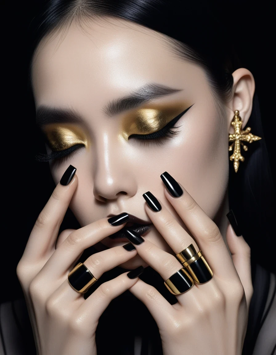 Close up of pale hands with long black nails Cross Ring, gold, eyes half closed in the dark, in the style of Roberto Ferri and Hajime Sorayama