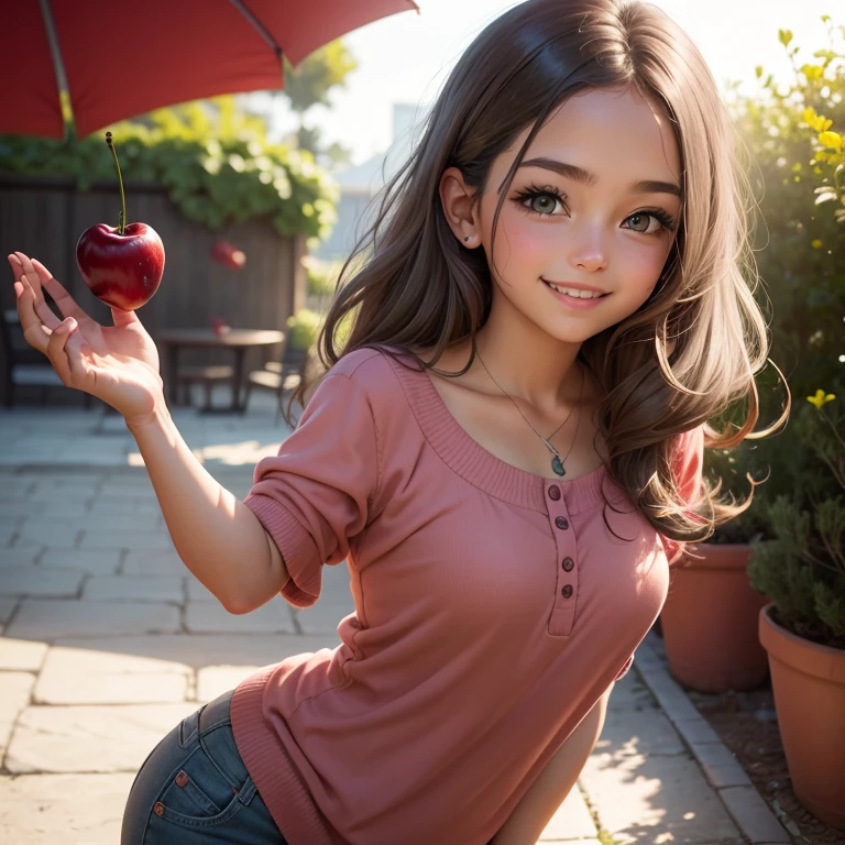 Crear un dibujo que capture la esencia de una chica linda, tierna de 1.62 m, Colombian with warm and pretty gray-green eyes, lover of cinnamon rolls and cherries, con una voz dulce y amable y un cuerpo encantador proporcionado, with warm colors with a bright and cute smile that has soft but not very thin lips and cheeks that are noticeable. Pero son lindos y ligeramente rojos