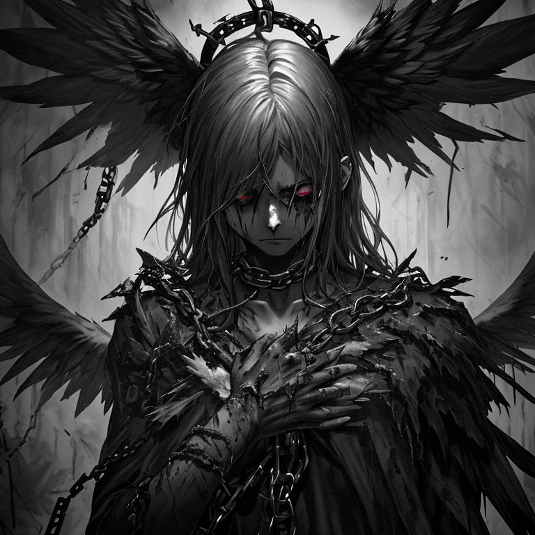 punished angel,illustration,fallen wings,broken halo,dark feathers,piercing eyes,teardrops,wounded in chains,bloodied hands,regretfull expression,surrounded by darkness,strong emotion,dramatic lighting,contrast,gritty details,highres,contrast lighting,dramatic composition,emotive portrayal