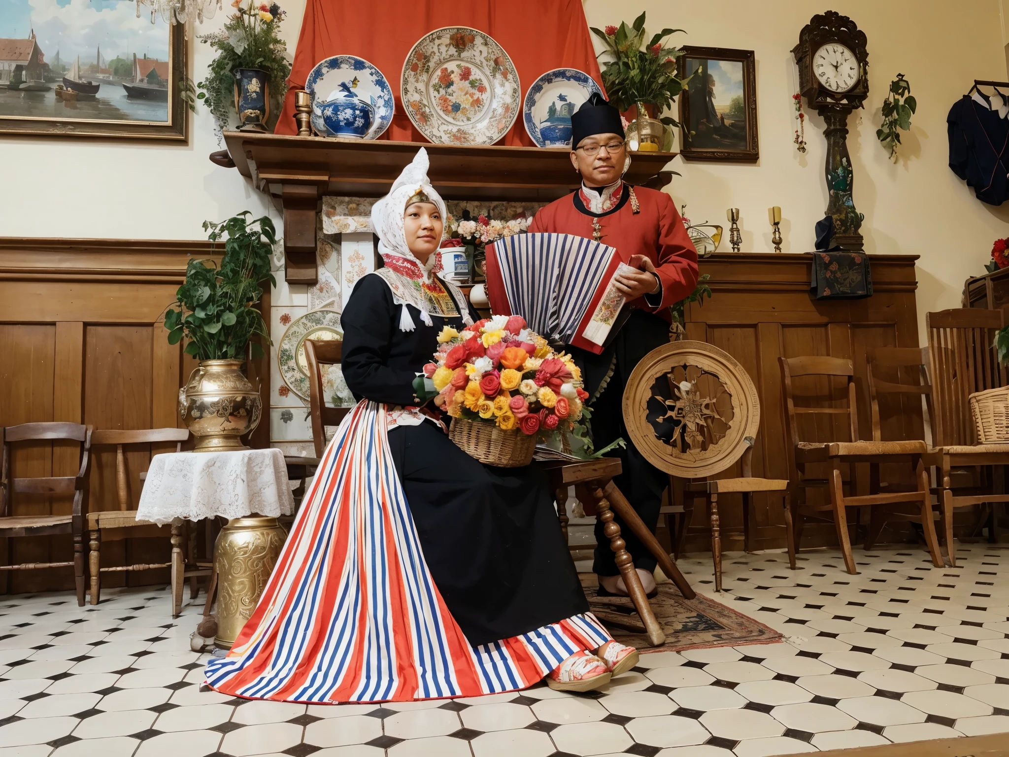 there are two 24 year old Indonesians sitting in a room with a bunch of flowers, inspired by Carl Larsson, Dutch style, Dutch, Dutch style paintings, inspired by Dirck Hals, traditional costumes, by Karl Völker, inspired by Geertgen tot Sint Jans, inspired by Nicolaes Eliaszoon Pickenoy, by Lodewijk Bruckman