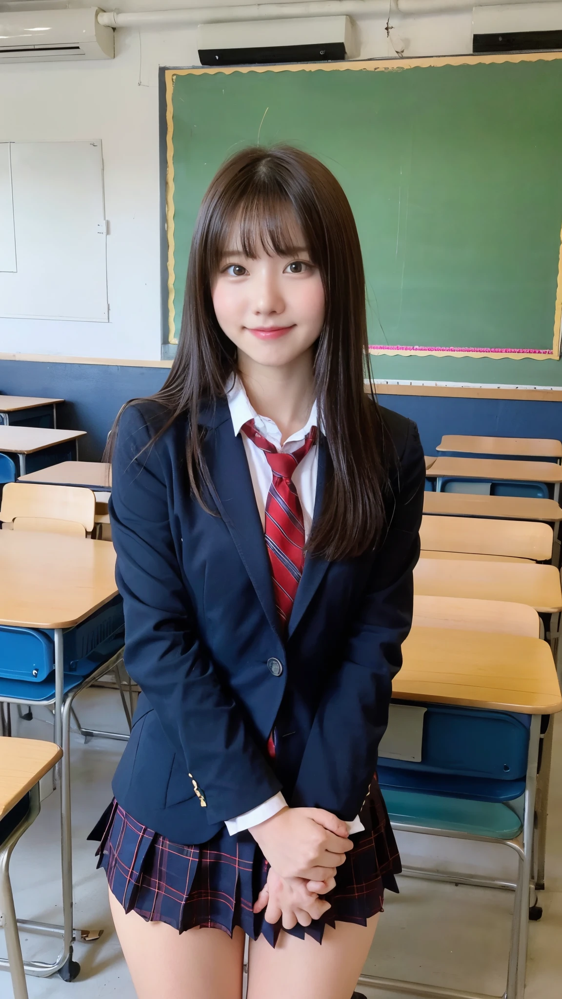 girl standing in a school classroom,Red tie uniform,dark blue closed blazer,blue plaid skirt,18-year-old,bangs,a little smile,thighs,knees,from below