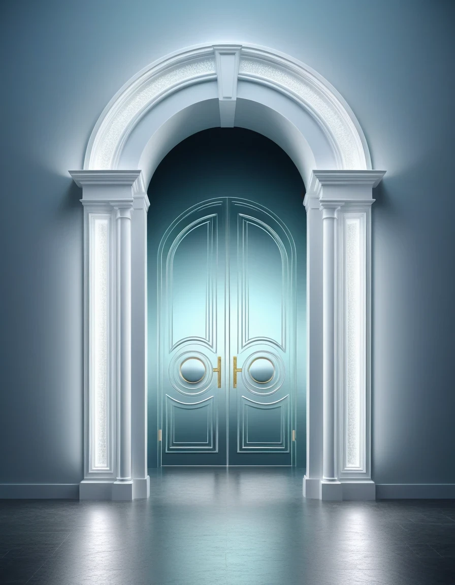 in the style of 3D digital illustration, ethereal door, front view, symmetric, volumetric lighting,minimalist, solid background, high contrast, ultrahigh definition