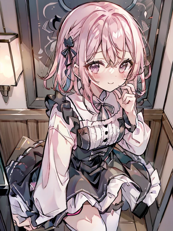 table top, highest quality, (perfect face:1.1), (high detail:1.1), (very detailed目), dramatic, Ultra-fine illustration, very detailed,1 girl, teenager,(pale skin), Happy, smile, enjoy,open your mouth,glow eye,pink hair,straight hair,mysterious eyes, pink eyes,blush, alone,swollen lips,cinematic lighting, Upper body,look up, leaning forward,long sleeve, Gothic Lolita, frills, ribbon,knee high socks,indoor