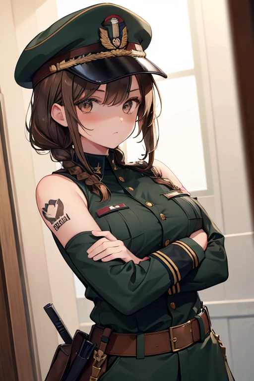 1 girl, brown hair, parted bangs, soldier uniform, military uniform, sleeveless, braided bangs, brown belt, tattoos on arms, scar on cheek, medium large breasts, dark brown eyes, sunglasses, arms crossed, hat military