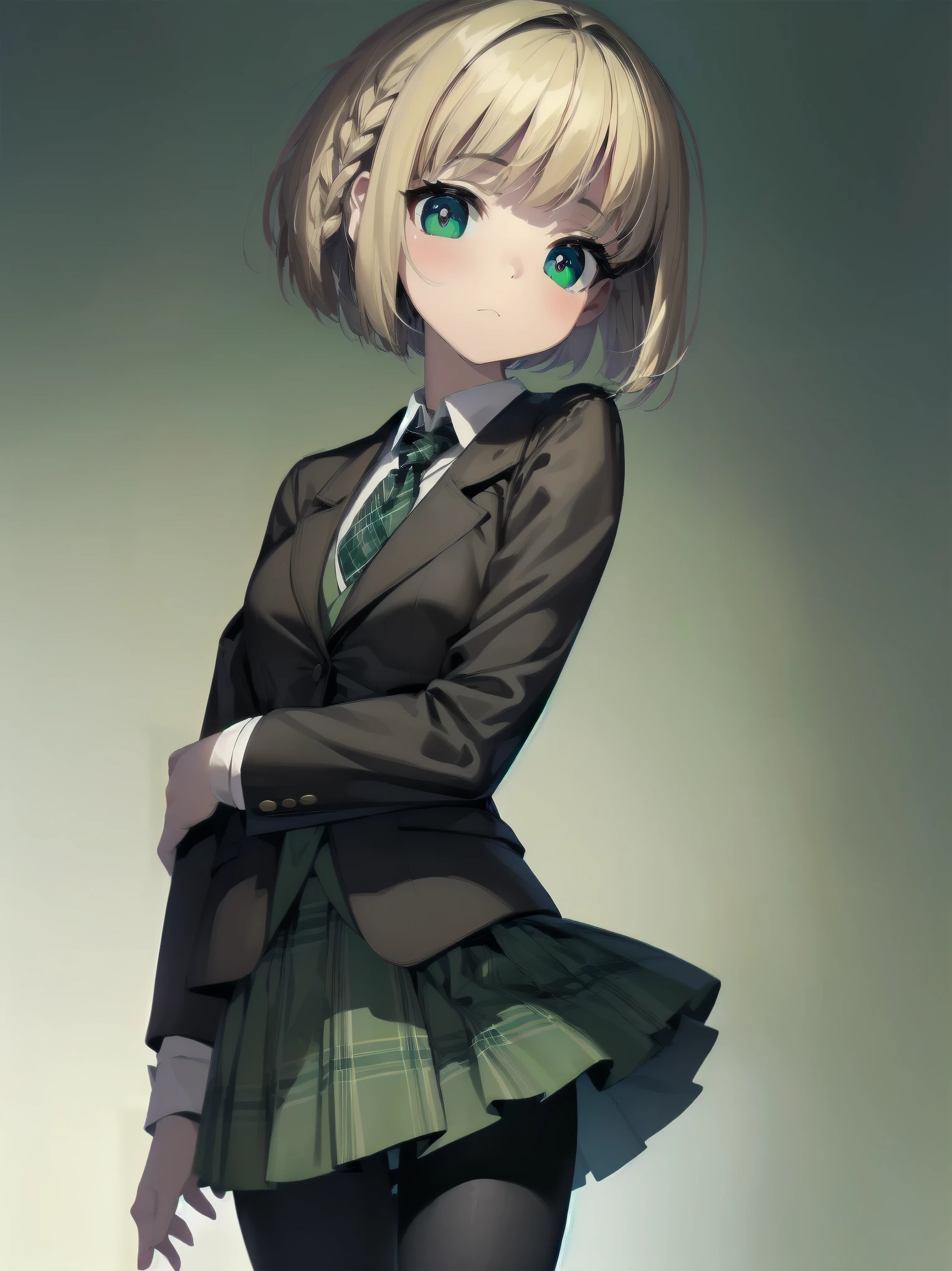 Top-High quality、Highest image quality、masterpiece、high contrast、Elegant、erotic expression、high school girl、blonde、Bob cut braids、uniform、(brown blazer)、ribbon tie、(Green and gray plaid skirt)、(black tights)、cinematic lighting、fine shading、cute、Truly unbelievably cute absurd、outside、outside苑