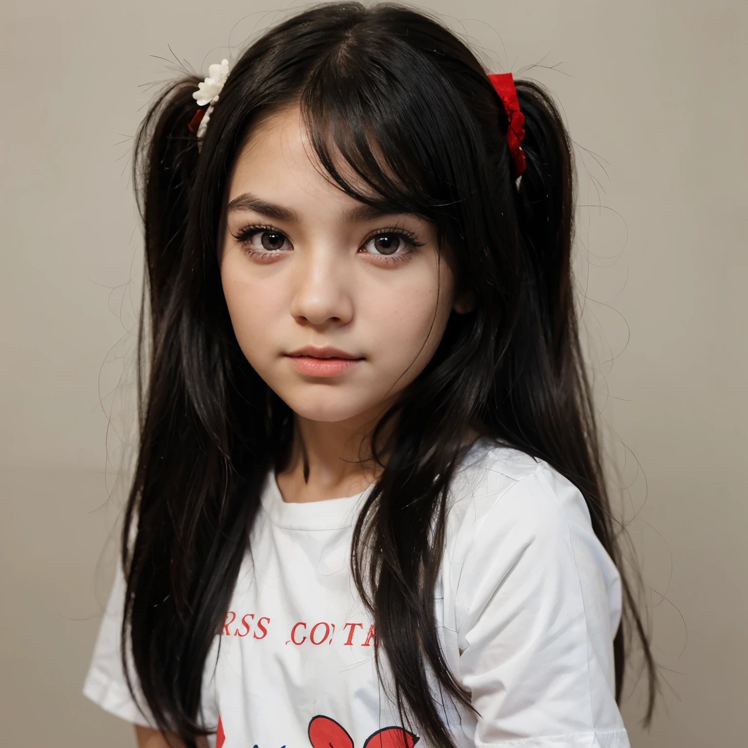 Make a three-year-old girl with long straight black hair with white skin, thick eyebrows and eyelashes, and red eyes.