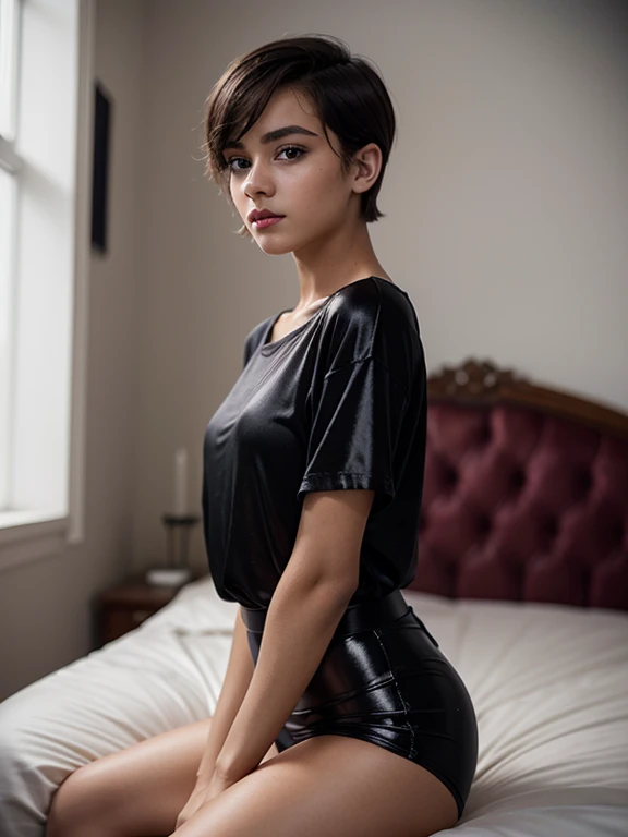 Alizee Jacotey, slim ager, short pageboy hair, photographic quality, eye shadow and lipstick, portrait poses, sits on bed for a sophisticated portrait, wearing black long satin shiny t-shirt
