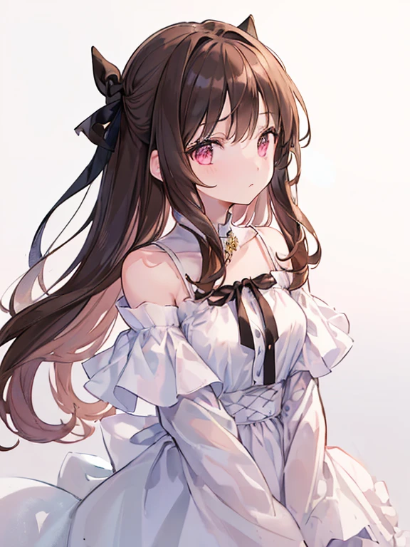 ( Bestquality, Masterpiece), (An elegant girl , 1girl , solo, "White Dress", off-the-shoulder , Standing , Looking At The Audience, ( " Gradient Brown Hair", Long-haired," Layer" , black Ribbon ) , Gradient Pink Eyes, Closed Mouth , Upper Body, Close Up ), (White Background)
