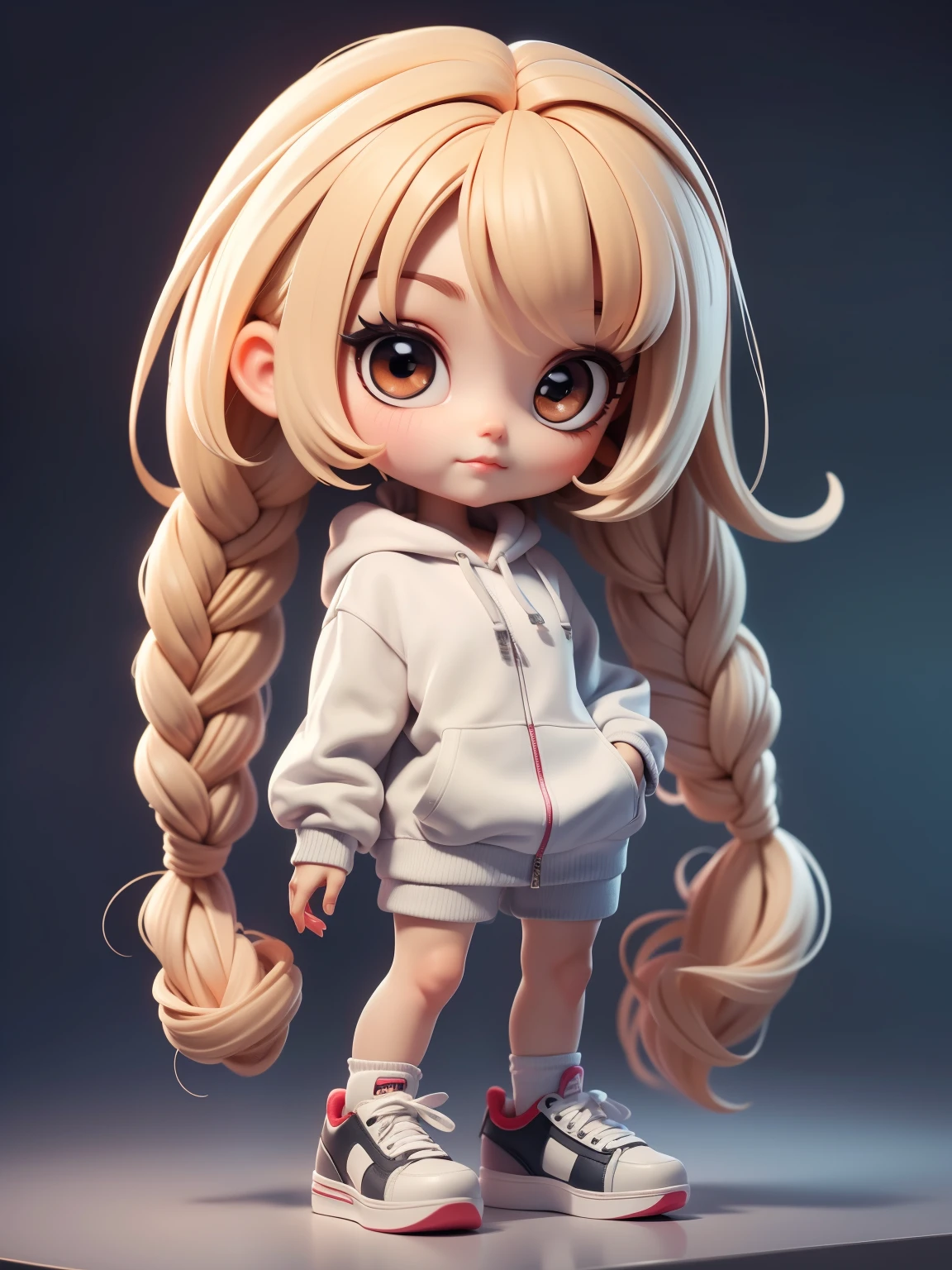 (best quality,4K,8K,high resolution,masterpiece:1.2),Super detailed,Chibi style,Chibi doll,Q version,White sweatshirt track suit,skate shoes,Two light-colored braids,watch
