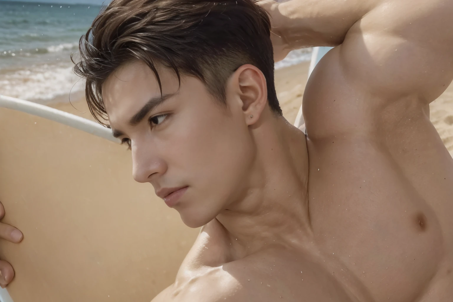 masterpiece, 最high quality, high quality, intricate details, perfect lighting, 1 boy, alone, male focus, looking at the viewer, 若くてハンサムでmuscularなベトナムのライフセーバー, Male lifeguard, Holding a surfboard in hand, tall, muscular, Wearing Lifeguard Yellow Boxer HK Line, mischievous, , fine eyes, detailed face, smooth hair, realistic skin, perfect hands, realistic, alone, looking at the viewer, low angle shot, realistic, male structure, Asahi, Beautiful beach views,