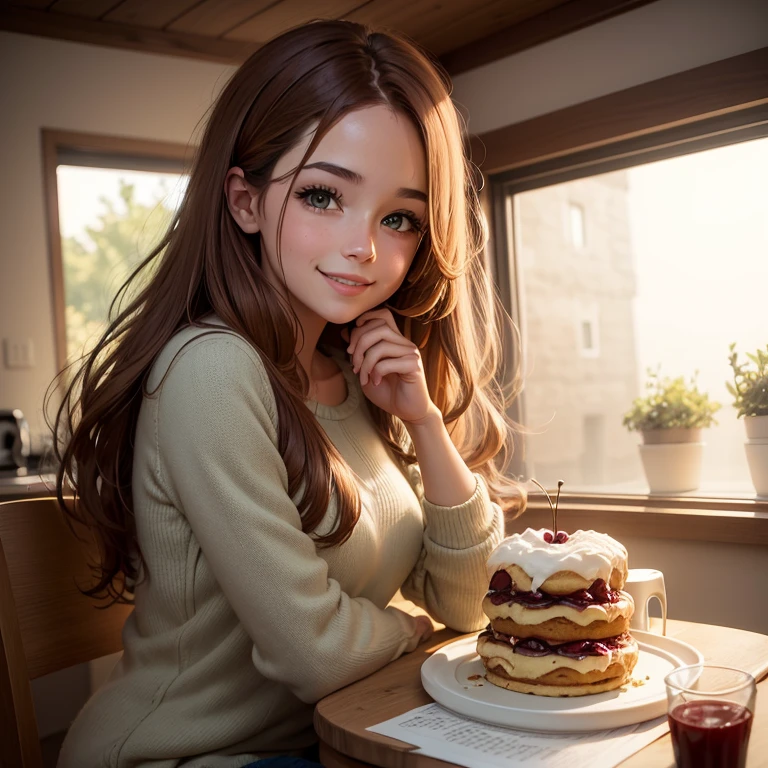 Crear un dibujo que capture la esencia de una chica linda, tierna de 1.62 m, Colombian with warm and pretty gray-green eyes, lover of cinnamon rolls and cherries, con una voz dulce y amable y un cuerpo encantador proporcionado, with warm colors with a bright and cute smile that has soft but not very thin lips and cheeks that are noticeable. But they are cute and slightly red And brown hair with some blonde strands in the front