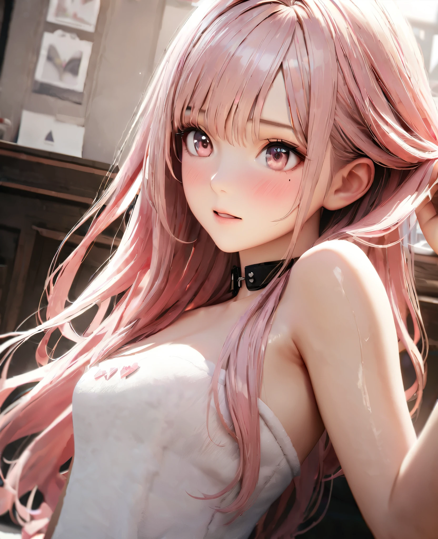 Masterpiece, Best Quality, Super Detailed, High Definition, Expensive Resolution, HDR, 4k, 8K, Unity 8k Wallpaper, Super Detailed CG, Masterpiece, Realistic, 2D, 3D, Beautiful Details, Depth, Fine Texture, Super Fine: 1.3, Full concentration, crispy skin, him, very cute anime girl, expensive pink long hair, one girl, after washing hair, bath towel, pink long hair, whole body, mole under the eye, line of sight, expensive, blush, parted lips , heart, pink eyes, choker