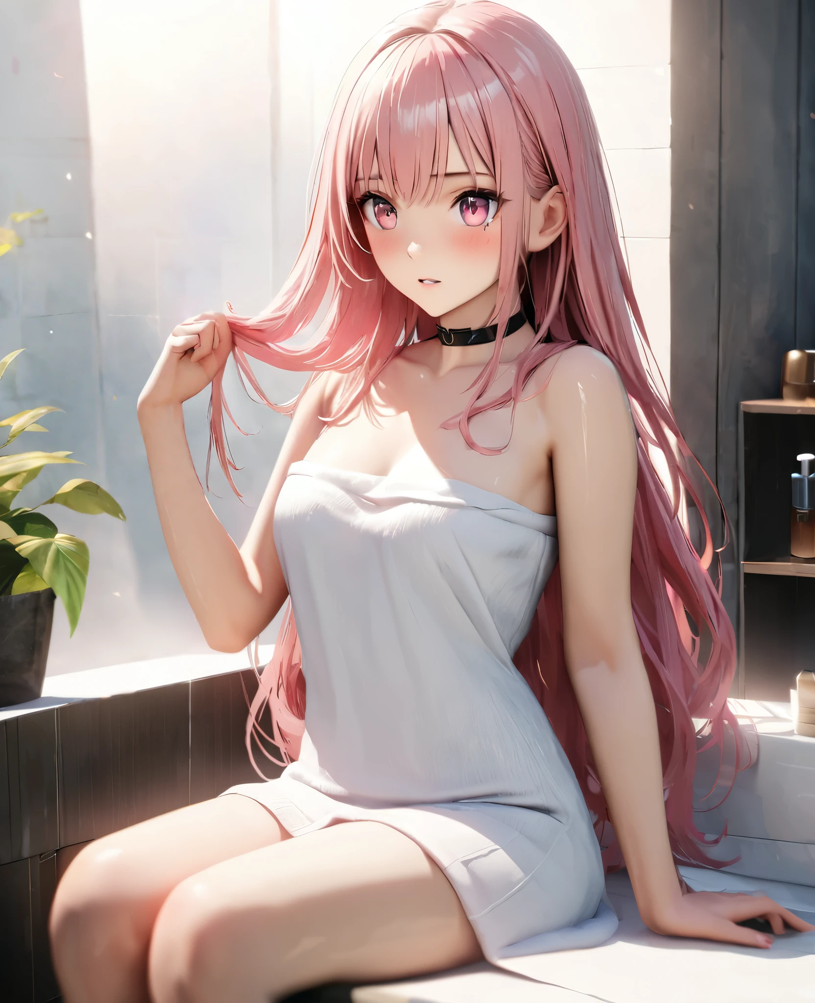 Masterpiece, Best Quality, Super Detailed, High Definition, Expensive Resolution, HDR, 4k, 8K, Unity 8k Wallpaper, Super Detailed CG, Masterpiece, Realistic, 2D, 3D, Beautiful Details, Depth, Fine Texture, Super Fine: 1.3, Full concentration, crispy skin, him, very cute anime girl, expensive pink long hair, one girl, after washing hair, bath towel, pink long hair, whole body, mole under the eye, line of sight, expensive, blush, parted lips , heart, pink eyes, choker