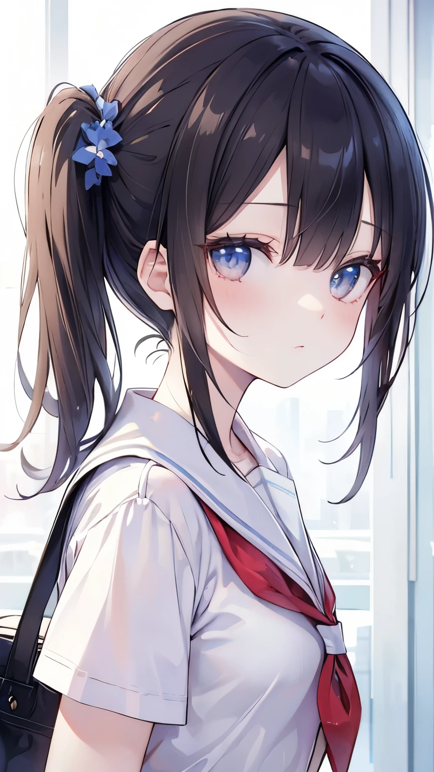 (((Best quality, 8k, Masterpiece: 1.3)), Sharp focus, Slim abdomen, (White shirt), ((side ponytail)), Highly detailed face and skin texture, Detailed eyes, Double eyelid, Japanese high school girl, brown hair, sleepy face, (in high school), (high school uniform)