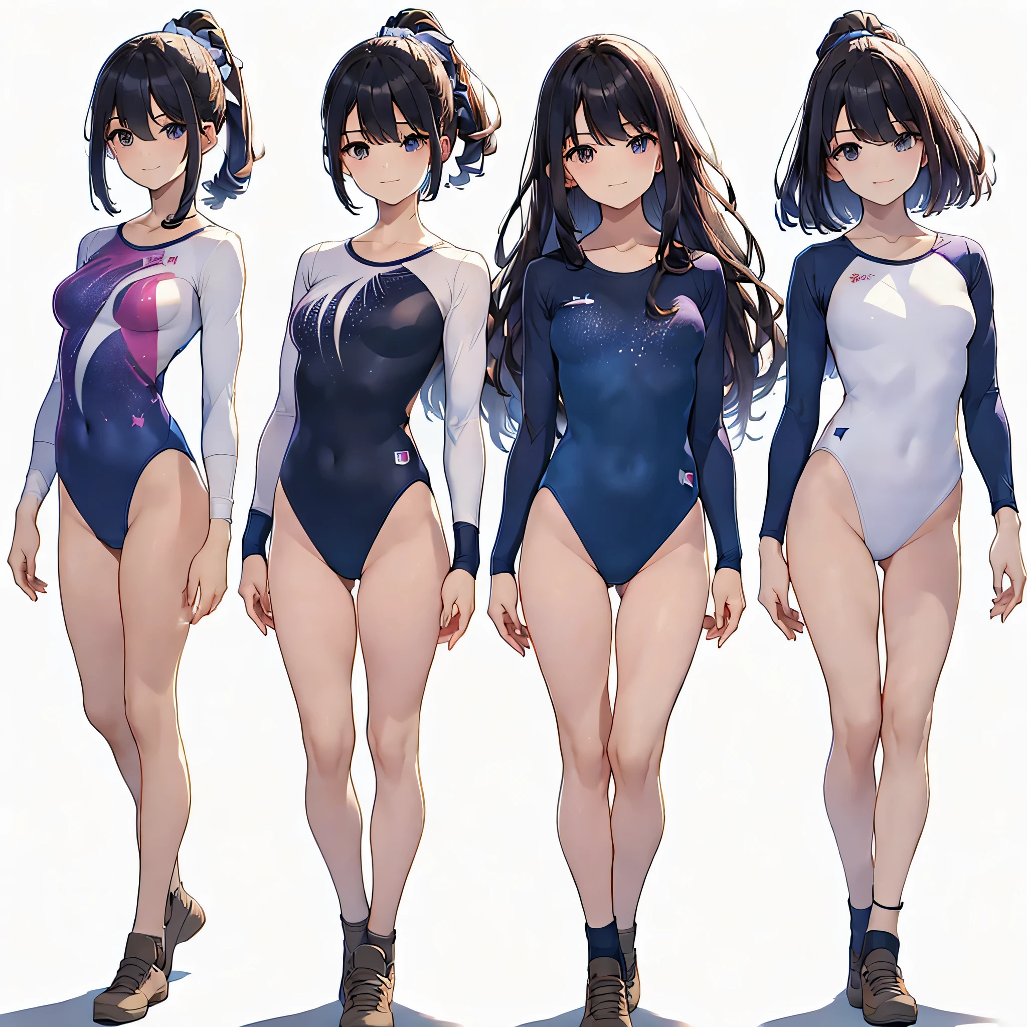 ((full body)),(masterpiece, best quality), (2 girls1.5) ,((Contrapposto:1.5)), looking at viewer, walking,((v_arms:1.2)), （wearing gymnastics_longsleeves_leotard_outfit leotard:1.3),(simple leotard:1.3),(purple leotard) ,,{{galaxy print:1.3 }}, BREAK masterpiece black hair, ((long hair:1.2)), ((parted bangs:1.3)), black eyes, good hand, ((small breasts)), (over 20 years old, under 25 years old:1.2), , spotlight, happy, smile, BREAK white background