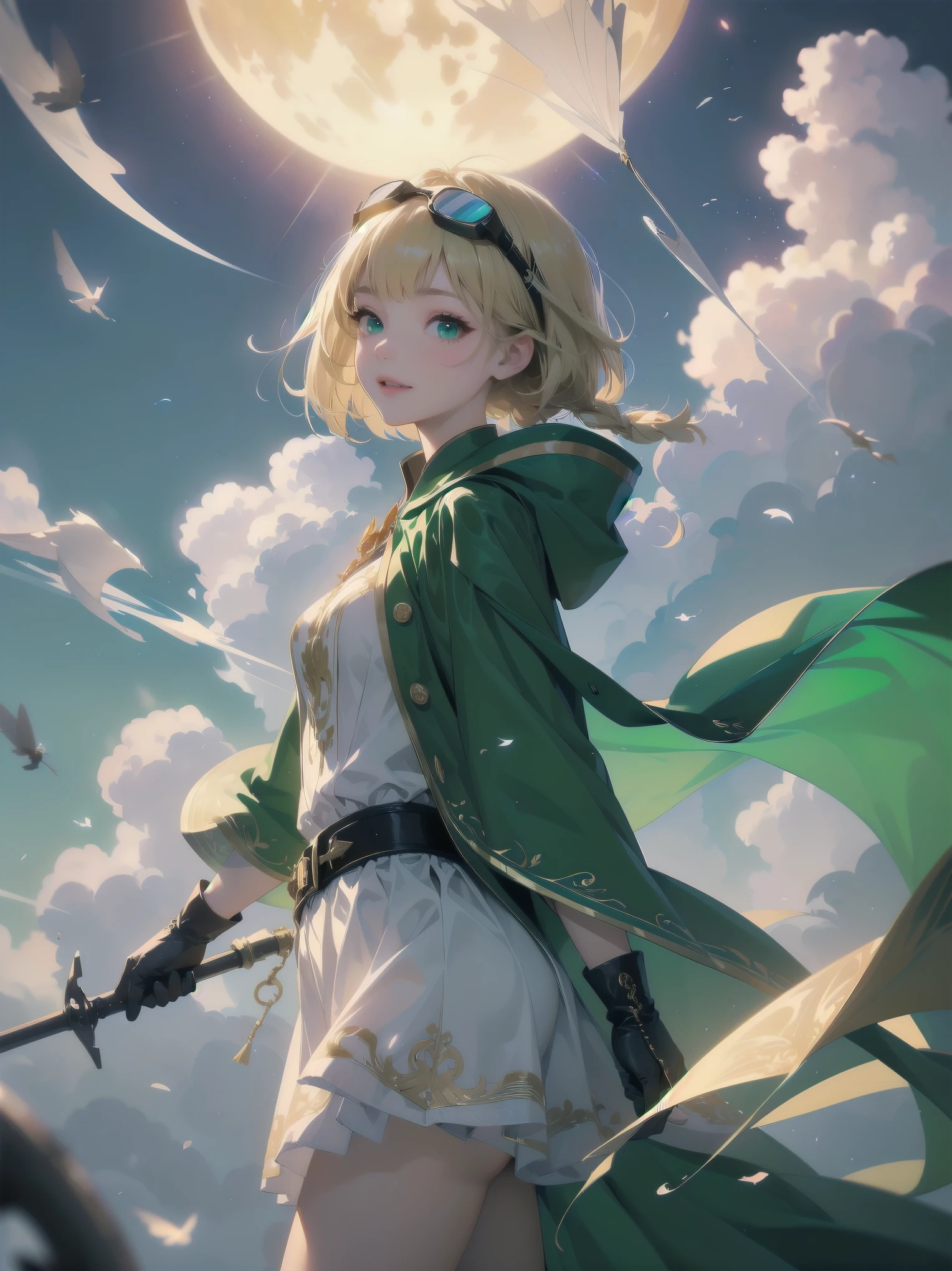 (((master piece、highest quality、Ultra-precision、The best and perfect quality)))、((fantasy))、1 person、(((Cute )))、(White skirt with gold embroidery)、(Blonde one-length bob cut with braids)、(big glowing dark green eyes、shining eyes)、((Long cloak with big hood))、(green surcoat with gold embroidery)、(((Head Goggles)))、((Thick gloves))、big 、smile、(((fly in the sky)))、(((Flight sensation)))、((((Clouds streaming from the screen))))、((Torn Clouds))、(Jump into the sky)、((air))、storm、steam、Fluorescent particle group、Ultra-fantastical、Many particles of light are flying、dynamic angle、Side view