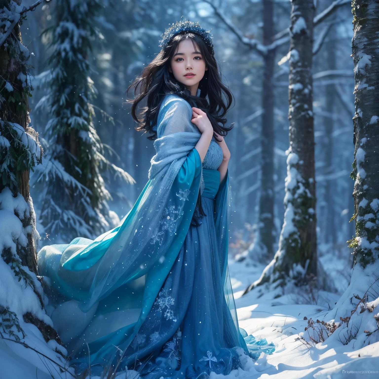 a girl with flowing black hair and fair skin,dressed in a beautiful blue gown and a white puffy cloak,standing in a snowy forest, surrounded by towering pine trees,her bright blue eyes shining with innocence,her rosy lips with a hint of smile,the snowflakes gently falling onto her hair and eyelashes,creating a magical atmosphere.(best quality,ultra-detailed,realistic),a breath-taking winter landscape, capturing the serene beauty of nature,the snowy ground sparkling in the sunlight,her breath visible in the cold air, the sunlight filtering through the branches, casting a soft glow on her face,creating a dream-like setting.(photography,detailed portrait,luminous lighting),a sense of enchantment and wonder, as if stepping into a fairy tale,a delicate balance between warmth and coldness, the contrasting textures and colors adding depth and richness to the scene(vivid colors,painting-like effect,dreamy atmosphere).