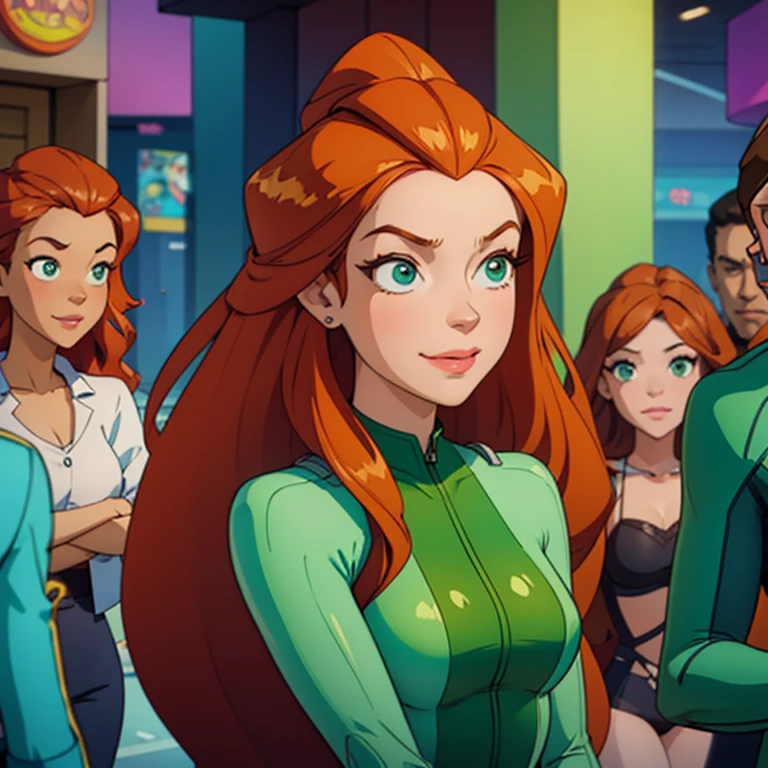 sam \(totally spies\), orange hair, long hair, green eyes, green body suit, smiling, showing both ears, closed lips, ((focus face)), arms down