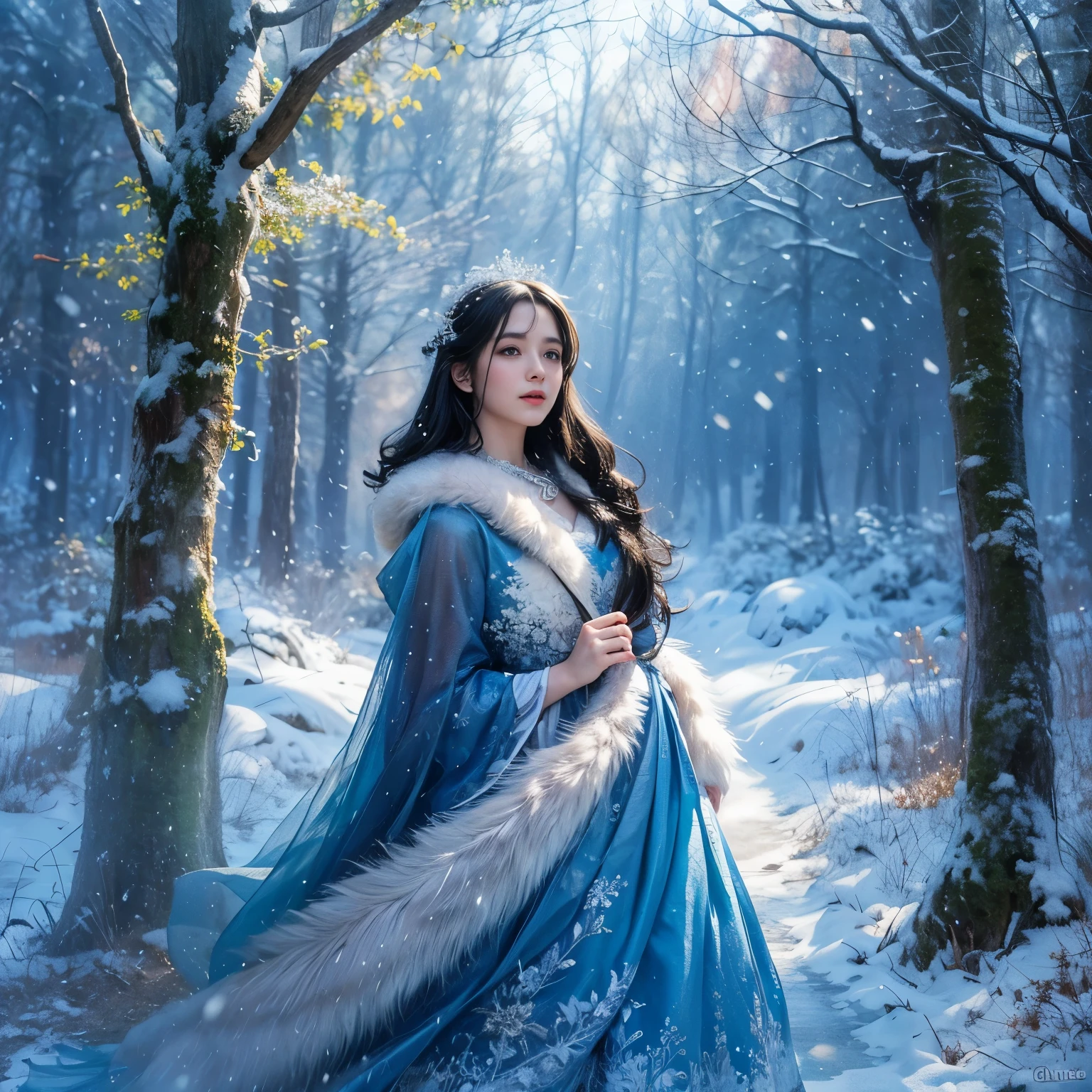 a girl with flowing black hair and fair skin,dressed in a beautiful blue gown and a white puffy cloak,standing in a snowy forest, surrounded by towering pine trees,her bright blue eyes shining with innocence,her rosy lips with a hint of smile,the snowflakes gently falling onto her hair and eyelashes,creating a magical atmosphere.(best quality,ultra-detailed,realistic),a breath-taking winter landscape, capturing the serene beauty of nature,the snowy ground sparkling in the sunlight,her breath visible in the cold air, the sunlight filtering through the branches, casting a soft glow on her face,creating a dream-like setting.(photography,detailed portrait,luminous lighting),a sense of enchantment and wonder, as if stepping into a fairy tale,a delicate balance between warmth and coldness, the contrasting textures and colors adding depth and richness to the scene(vivid colors,painting-like effect,dreamy atmosphere).