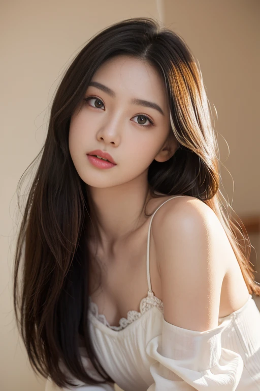 best quality，masterpiece，ultra high resolution，（realism：1.4），original photo，1 girl，Wearing white silk underwear. Take off the shoulder strap，long hair，huge ，face highlight，(Turn your head sideways and use a comb to comb your long hair)，Full of girlishness，18 years old，spaghetti straps，White suspenders，Deep V，18 years old微笑女同学，pure，Innocent，（best quality，8K，masterpiece:1.3），Oval face，big eyes，long eyelashes，beautifully（Realistic style），star eyes，ultimate face，Real light and shadow，clear facial features, Fair and silky skin，White skin， High detail skin， Realistic skin details， Visible pores，（Super detailed），（Perfect body：1.1），（dynamic poses），((dynamic background((Volumetric light：1.3))，Room，ground