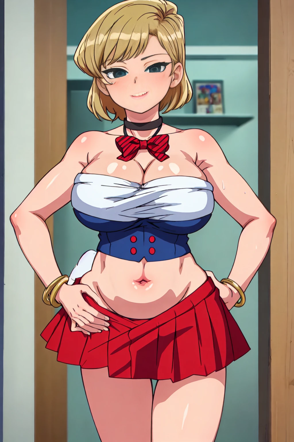 nsfw++,clothed sex, masterpiece, best quality, high quality, illustration, film grain, (perfect female proportion lush, milf, voluptuous breast)++, beautiful detailed eyes, breast enhancement, toned female, glamorous perfect female proportion, slutty gyaru bimbo milf anime girl in a skirt and bow tie posing for a picture, oppai, anime , hyperdetailed anime , a cartoon, Gyaru Makeup, Gal,Agejo gal, Mamba gal, Bimbo, huge breast, thick thighs, narrow waist, a milf with a large breasts, oppai proportions, big breasts!!, big breasts!, puffy_nippels, bouncing_breasts, areolae, shiny_skin, choker, red_lipstick thicc, with large breasts, dark skin, blonde hair, green_eyes, short hair, chubby, voluptous, (nsfw) no safe for work, fully - clothed!!!, casually dressed, school background, 