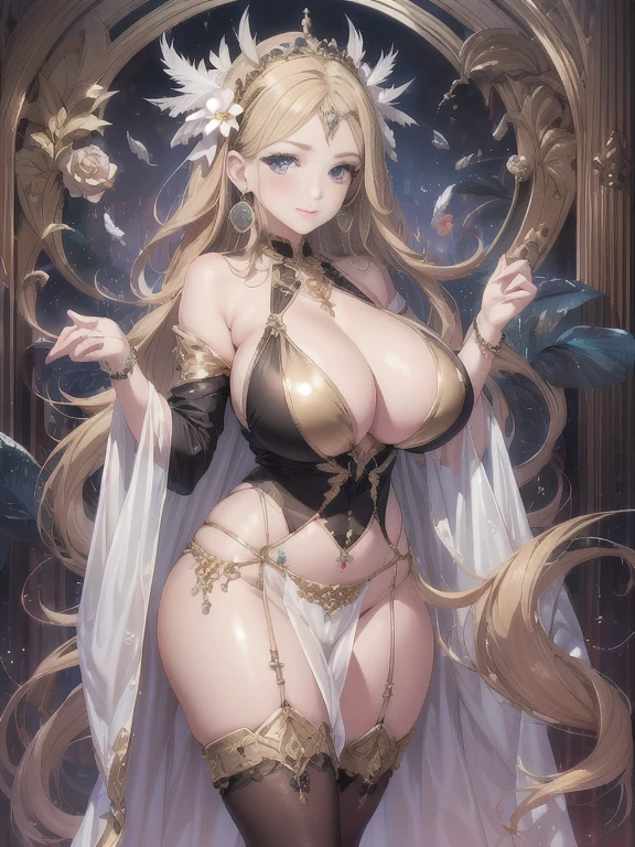 過去最高のmasterpiece、beautiful美しさ, 3D Second Element, rich, blonde, skirt, stockings, high heels, star、(Highly detailed CG Unity 8K wallpaper),(masterpiece), (highest quality), (Super detailed), (Best Work),(best shadow), (sharp eyeliner, eye shadow, fine eye:1.1), (超High resolution,realistic,realistic),(8k,RAW photo),mature woman、sensual curves、huge breasts、thighs、bubble、お尻のmasterpiece, full body shot, beautiful女性, enchanting smile, thick lips, chubby lips, blush, looking at the viewer, provocative expression, beautiful髪型, cleavage, Plump、curvaceous hips、attractive face、sexy dress、an inviting gaze、expression of emotions、(((erotic dress)))、gorgeous accessories 、big breastsの女性, golden hair, colored feather, metal ornaments, colored flowers, particle, light, (1 girl:1.3),(fractal art:1.1),(colorful:1.1)、(flowers:1.3),most detailed,(tangled:1.2), (dynamic pose), (abstract background:1.3), (shiny skin), (lots of colors :1.4), ,(earrings:1.4), (feather:1.4),masterpiece, highest quality, Super detailed, 30~40 years, full body shot, beautiful 、various hairstyles,gold headband,plump breasts,beautiful butt,greek clothing,Tulle covers the chest,perfect balance, Costume details,marble,cinematic lighting, film grain, high detail, openwork decoration,(((colorfulな最高級ドレス)))、(((解剖学的に正しいbody))) ,big breasts,cowboy shot, blush, (((1 girl))), perfect face, (((highest quality))), (Super detailed), detailed face and eye, (alone), High resolution、beautifuleye,(((sexy pose)))、(((整ったbig breasts)))、((beautiful eye))、luxury、(((超High resolution)))、(((detailed description)))、(((ぽっちゃりbody型)))、(((解剖学的構造に一致したbodyの部位)))、beautiful長いまつ毛、バランスのとれたbody型,The legs and arms are just the right size.、Fishnet tights、glamorous、(((Clear white and black eye)))、lipstick、Sparkling、(Undistorted face, eye, body)、jewelry、gem、(長くカールしたbeautifulまつ毛)、(((バランス良いbeautiful胸)))、(transparent, Exquisite skin:1.2)、(((完璧なglamorousボディー)))、actress face、Super beautiful、cute smile、Healing beauty、Flower Shower、(((完璧なeye)))、realistic depiction、super sexy、shiny、glamorous、double eyelids、Excellent shadow correction、(((ぼやけていないeye)))、(((Plump face)))、cute face 、(((shiny輝く肌))) 、(((Gorgeous long dress)))