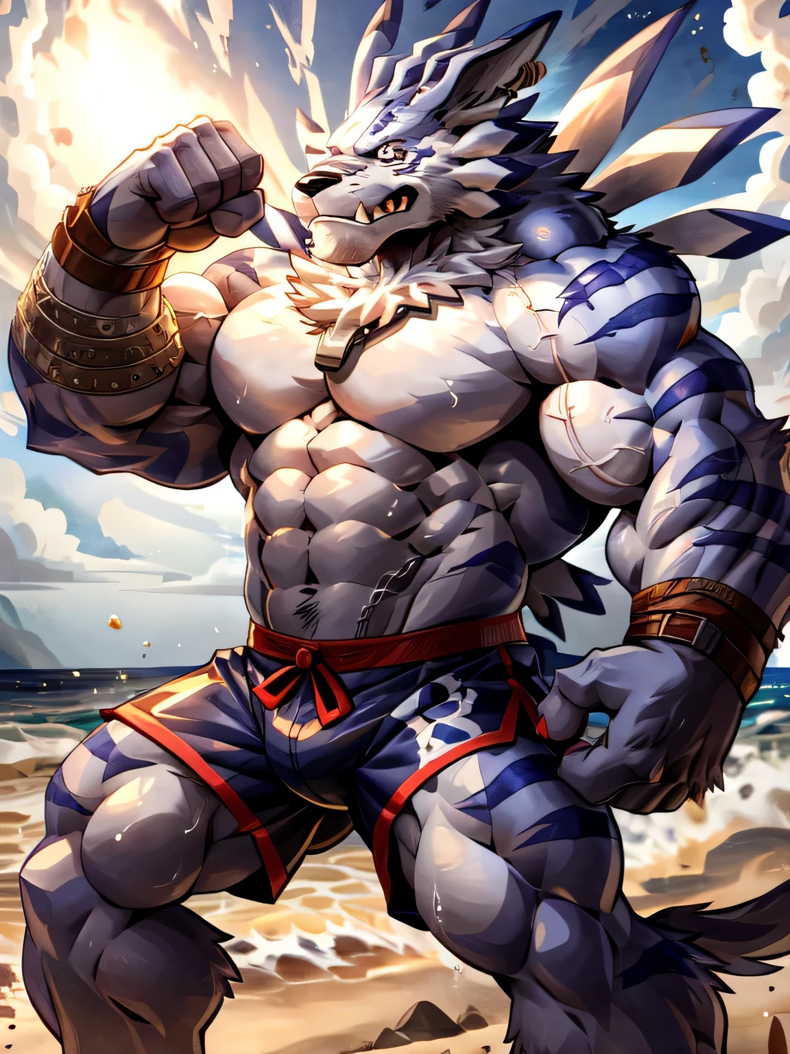 ultra quality:1.4, 4k, high resolution, best quality, color, smooth comics style, takemoto_arashi style, wfa style, solo, weregarurumon:1.0, muscles:1, heavyweight, massive build, vascular veins, anime martial arts, sweat:1.2, strong:1, masculine, (at the beach), dynamic scene, (wearing surf shorts), flexing biceps, licking biceps, detailed, detailed face, detailed eyes