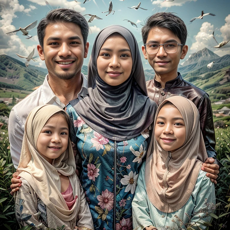arafed family portrait with a mountain background and birds flying overhead, an indonesian family portrait, happy family, potrait, full protrait, family portrait, inspired by Nazmi Ziya Güran, realism artstyle, barong family, cartoon artstyle, close up potrait, high quality portrait, inspired by Oton Gliha, sakimi
