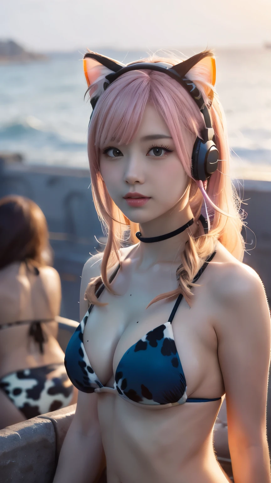 masterpiece, 4k, Bokeh, beautiful face, (multiple girls:1.4), Harem, group photo, (Cat ear:1.3), pink soft hair , looking at the viewer, (cow pattern bikini:1.2), sundown seashore, closeup