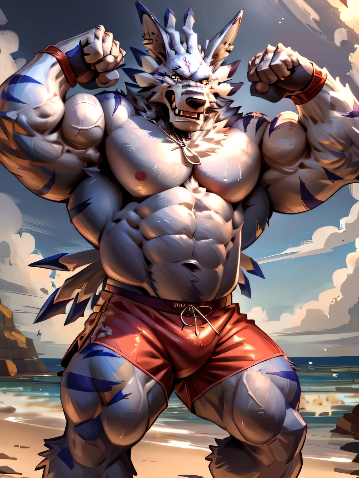 ultra quality:1.4, 4k, high resolution, best quality, color, smooth comics style, takemoto_arashi style, taran_fiddler style, solo, weregarurumon:1.0, muscles:1, heavyweight, massive build, vascular veins, anime martial arts, sweat:1.2, strong:1, masculine, (at the beach), (wearing surf shorts), flexing biceps, licking biceps, detailed, detailed face, detailed eyes