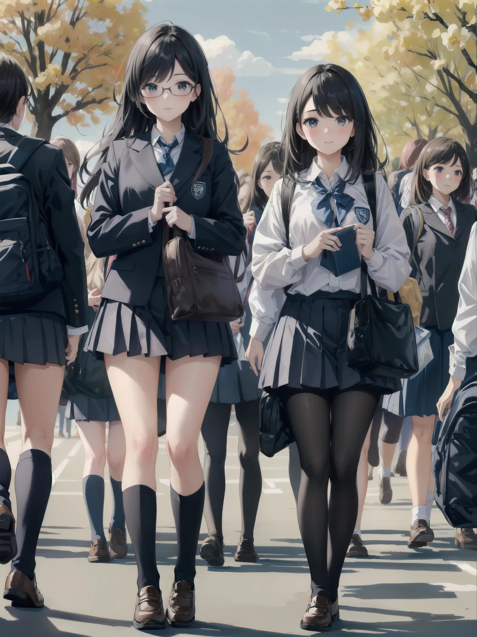 One girl, spring, high school, , warm colours, schoolbag, accurate and very detailed background, crowd of schoolgirls in uniform with various body shapes and hairstyles, cute.