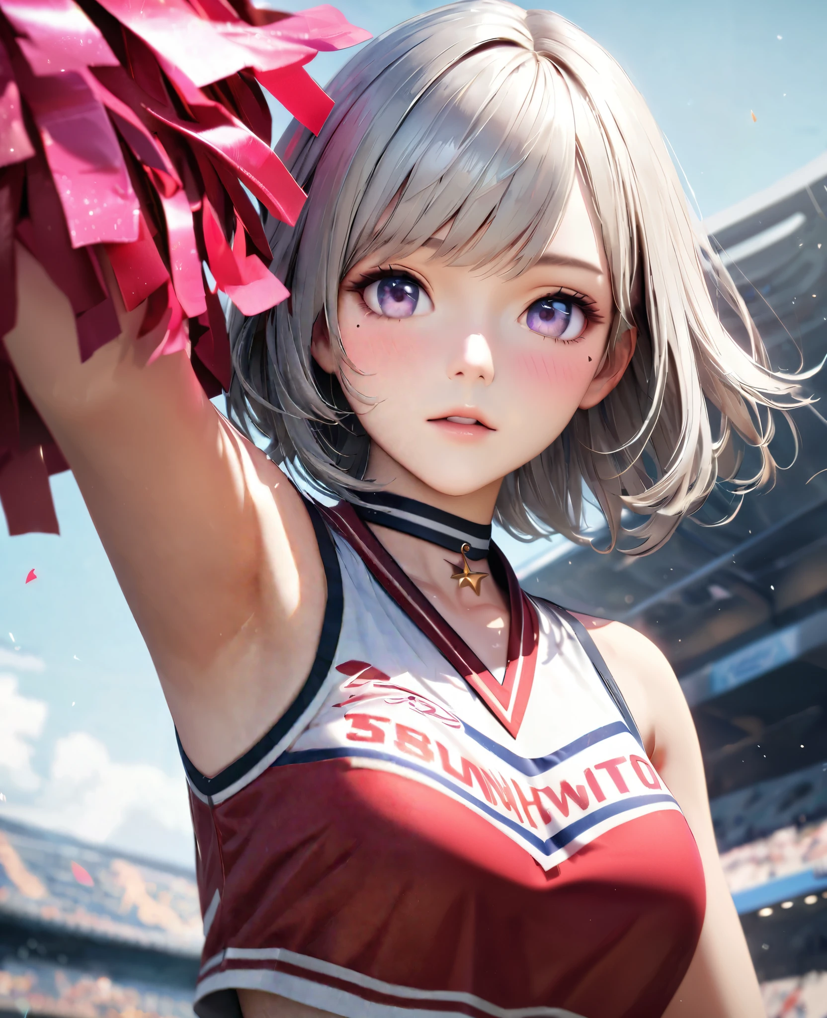 Masterpiece, Best Quality, Super Detailed, High Definition, Expensive Resolution, HDR, 4k, 8K, Unity 8k Wallpaper, Super Detailed CG, Masterpiece, Realistic, 2D, 3D, Beautiful Details, Depth, Fine Texture, Super Fine: 1.3, Complete concentration, crispy skin, him, very cute anime girl, cheerleader costume, expensive silver short hair, one girl, silver short hair, cheerleader, whole body, Jump,mole under the eye, line of sight, expensive, blush,, parting curled lips, hair ornament, heart, purple eyes, choker