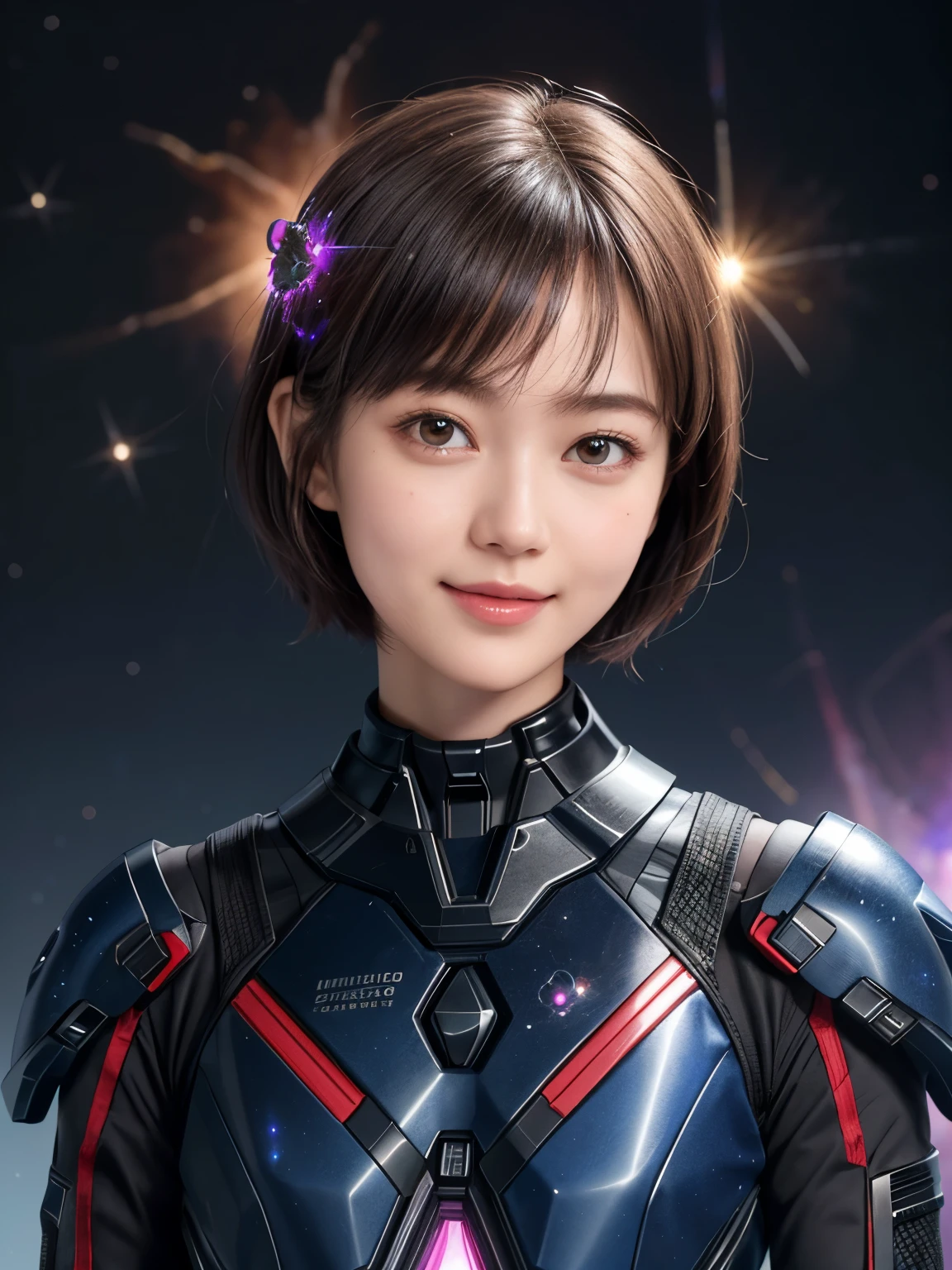 208 Short Hair, 20 year old female, Floral, gentle smile, futuristic clothes, mechanical suit, (The background is a galaxy and nebula)