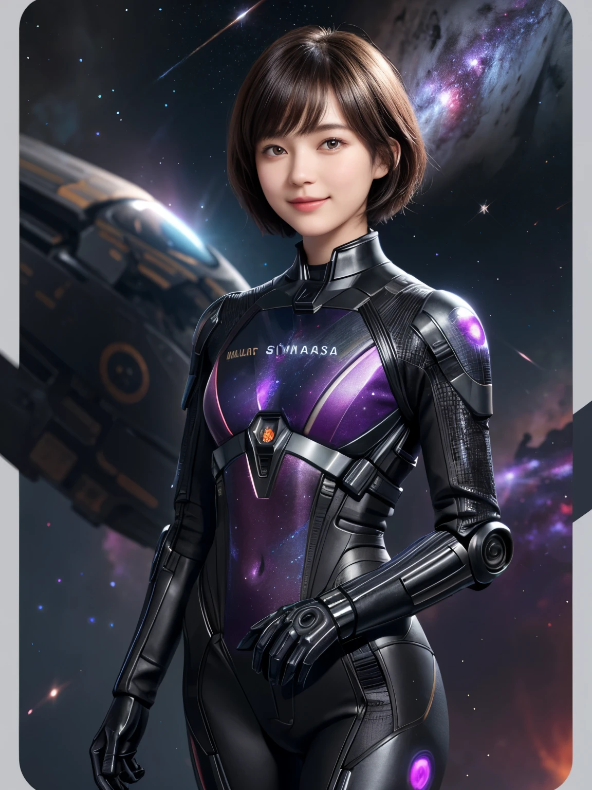 208 Short Hair, 20 year old female, Floral, gentle smile, futuristic clothes, mechanical suit, (The background is a galaxy and nebula)