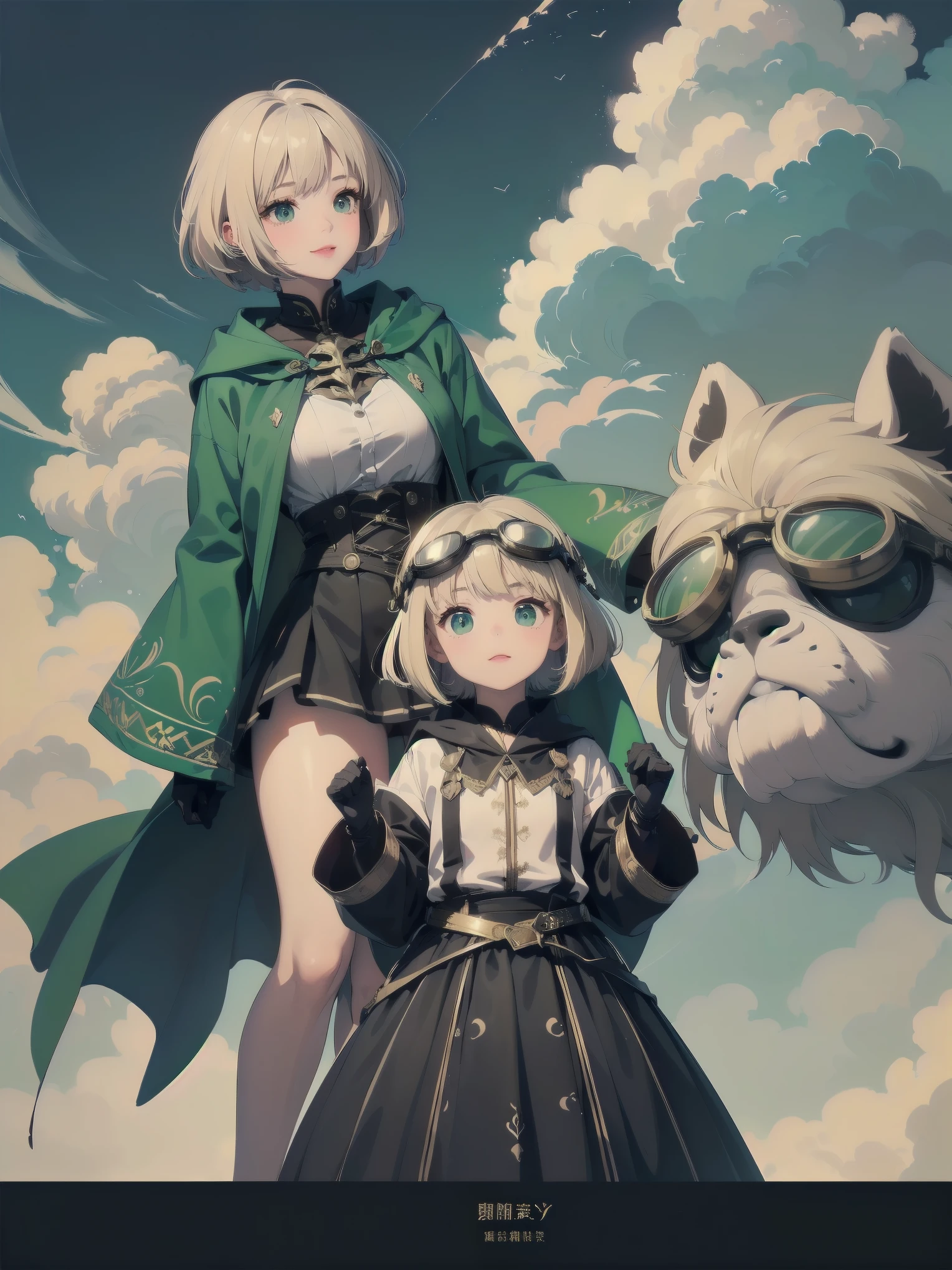 (((master piece、highest quality、Ultra-precision、The best and perfect quality)))、((fantasy))、1 person、(((Cute little girl)))、(White skirt with gold embroidery)、(Blonde one-length bob cut with braids)、(big glowing dark green eyes、shining eyes)、((Long cloak with big hood))、(green surcoat with gold embroidery)、(((Head Goggles)))、((Thick gloves))、big 、smile、(((fly in the sky)))、(((Flight sensation)))、((((Clouds streaming from the screen))))、((Torn Clouds))、(Jump into the sky)、((air))、storm、steam、Fluorescent particle group、Ultra-fantastical、Many particles of light are flying、dynamic angle、Side view
