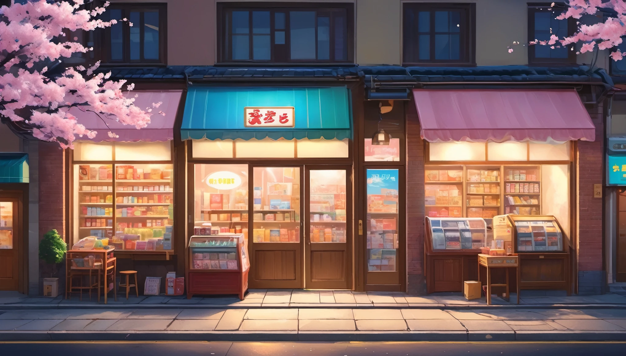 Midnight convenience store clerk,illustration,pastel colors,soft light,cozy atmosphere,Quaint shelves,meticulous details,Cherry blossom theme,Calming Music,store display,late night,Old-fashioned cash register,Instant noodles on the shelf Refreshing drinks Magazines and newspapers Lottery rack,Clean Floor,Creative store decoration,Window stickers,shadow,(best quality,Super fine,Photorealism),Immersive Reality,bright colors,cityscape at night,Outdoor Signs,moonlight sky。