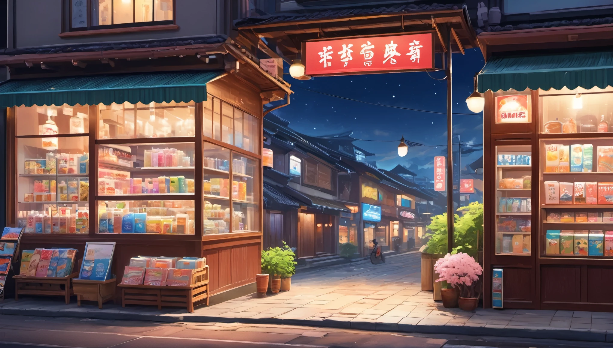 Midnight convenience store clerk,illustration,pastel colors,soft light,cozy atmosphere,Quaint shelves,meticulous details,Cherry blossom theme,Calming Music,store display,late night,Old-fashioned cash register,Instant noodles on the shelf Refreshing drinks Magazines and newspapers Lottery rack,Clean Floor,Creative store decoration,Window stickers,shadow,(best quality,Super fine,Photorealism),Immersive Reality,bright colors,cityscape at night,Outdoor Signs,moonlight sky。